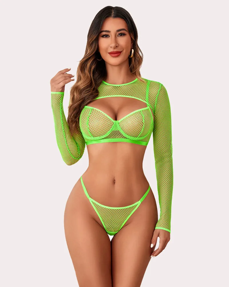 3 Pcs Fishnet Crop Sheer Sets