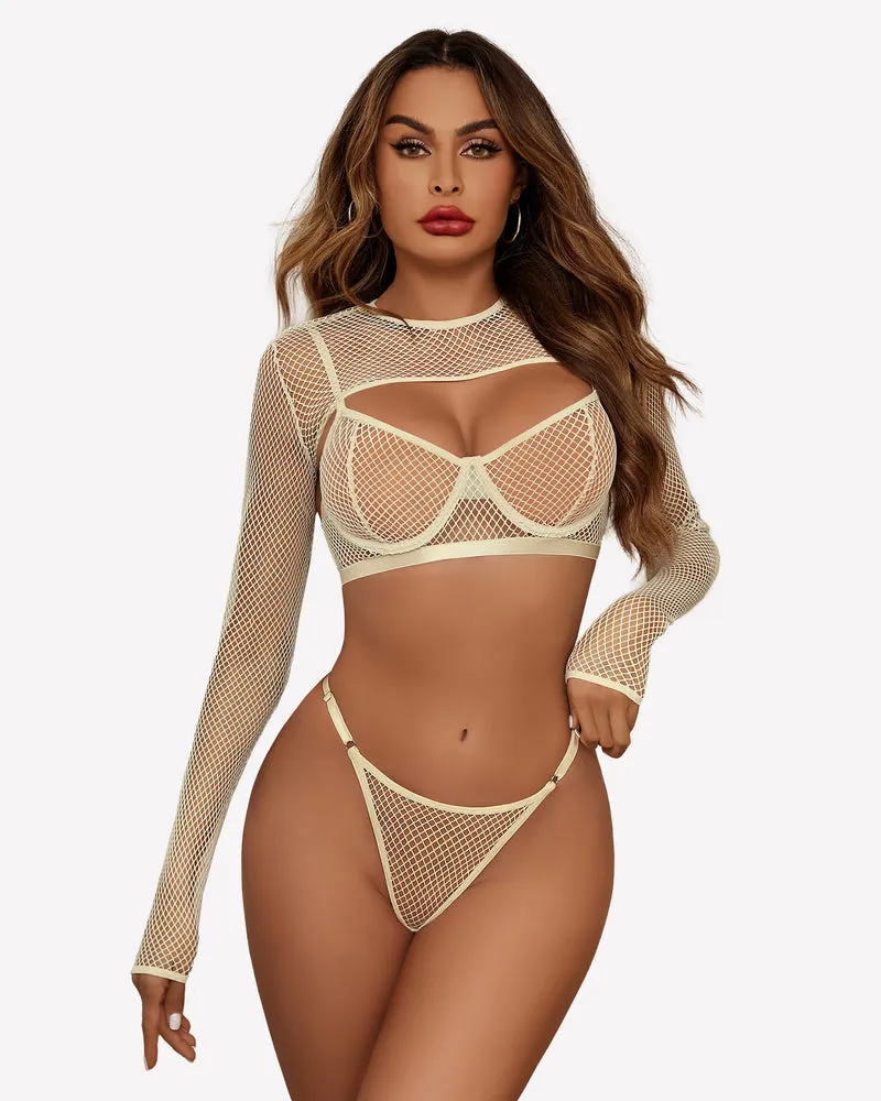 3 Pcs Fishnet Crop Sheer Sets