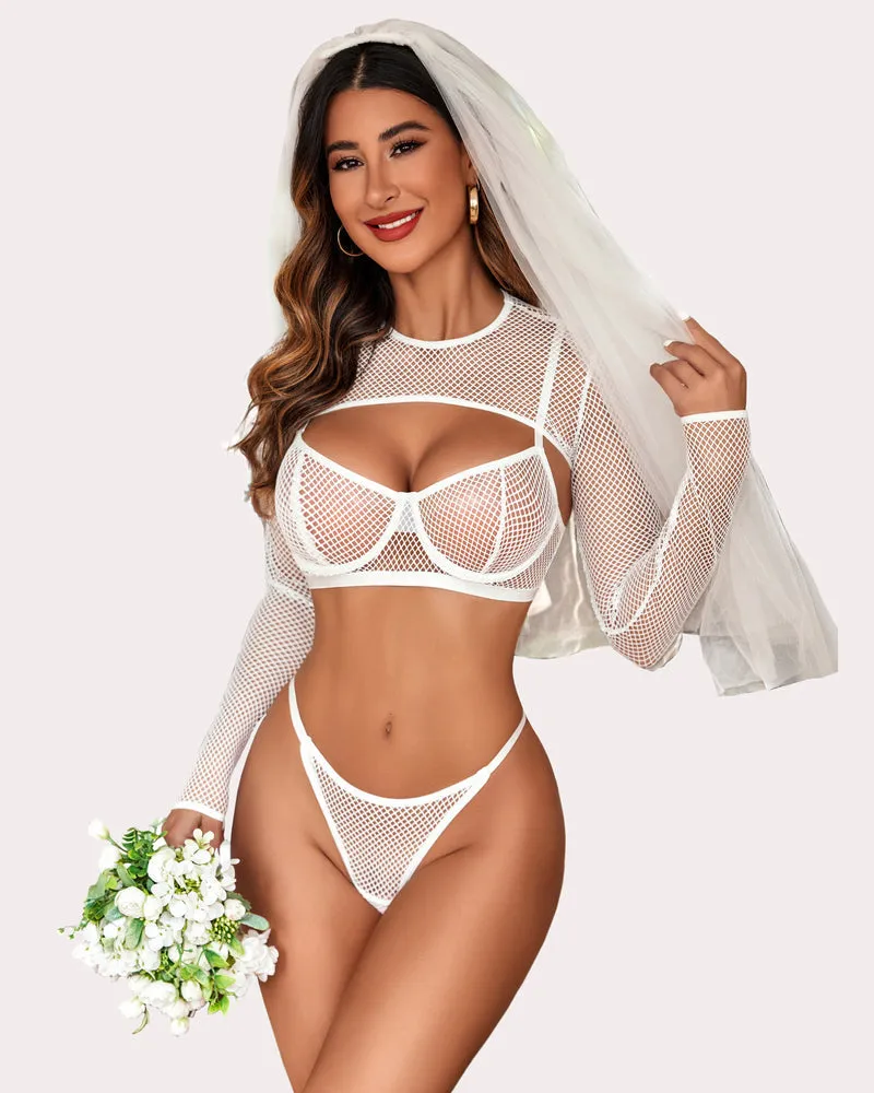3 Pcs Fishnet Crop Sheer Sets