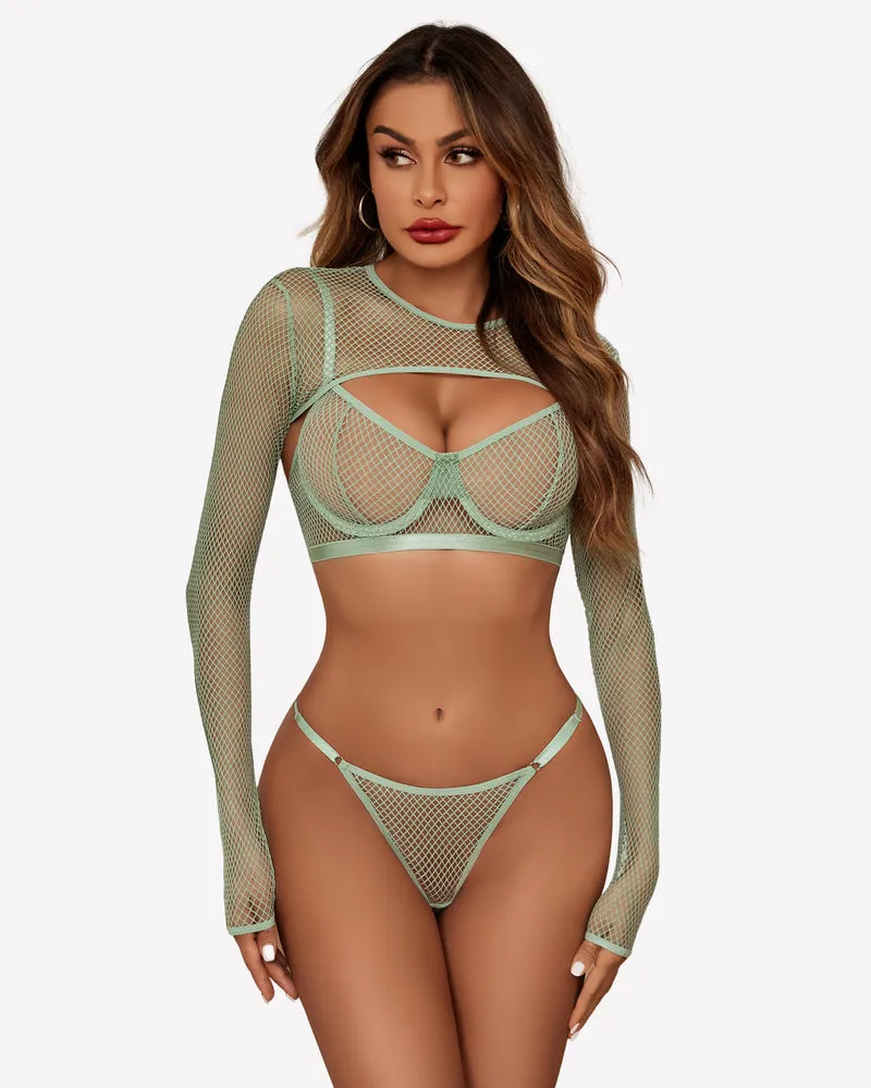 3 Pcs Fishnet Crop Sheer Sets