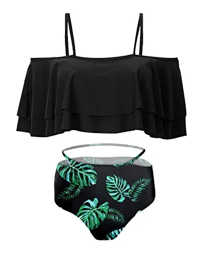 Adjustable Strap Ruffle Bikini Set For Women Tummy Control Bottoms-Black Leaf