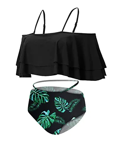 Adjustable Strap Ruffle Bikini Set For Women Tummy Control Bottoms-Black Leaf