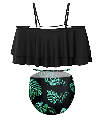 Adjustable Strap Ruffle Bikini Set For Women Tummy Control Bottoms-Black Leaf