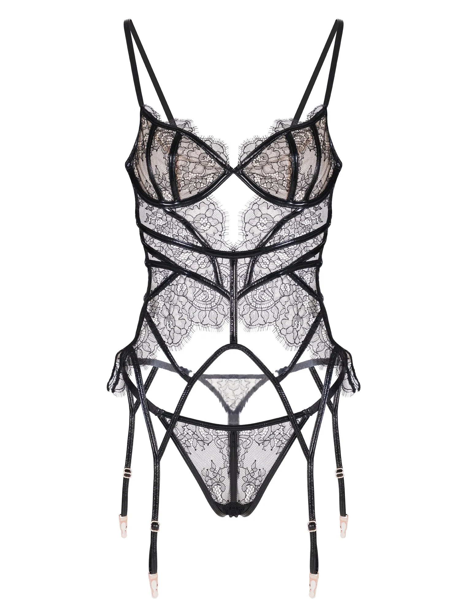 Amara Lace & Patent Leather Lingerie Set In Black