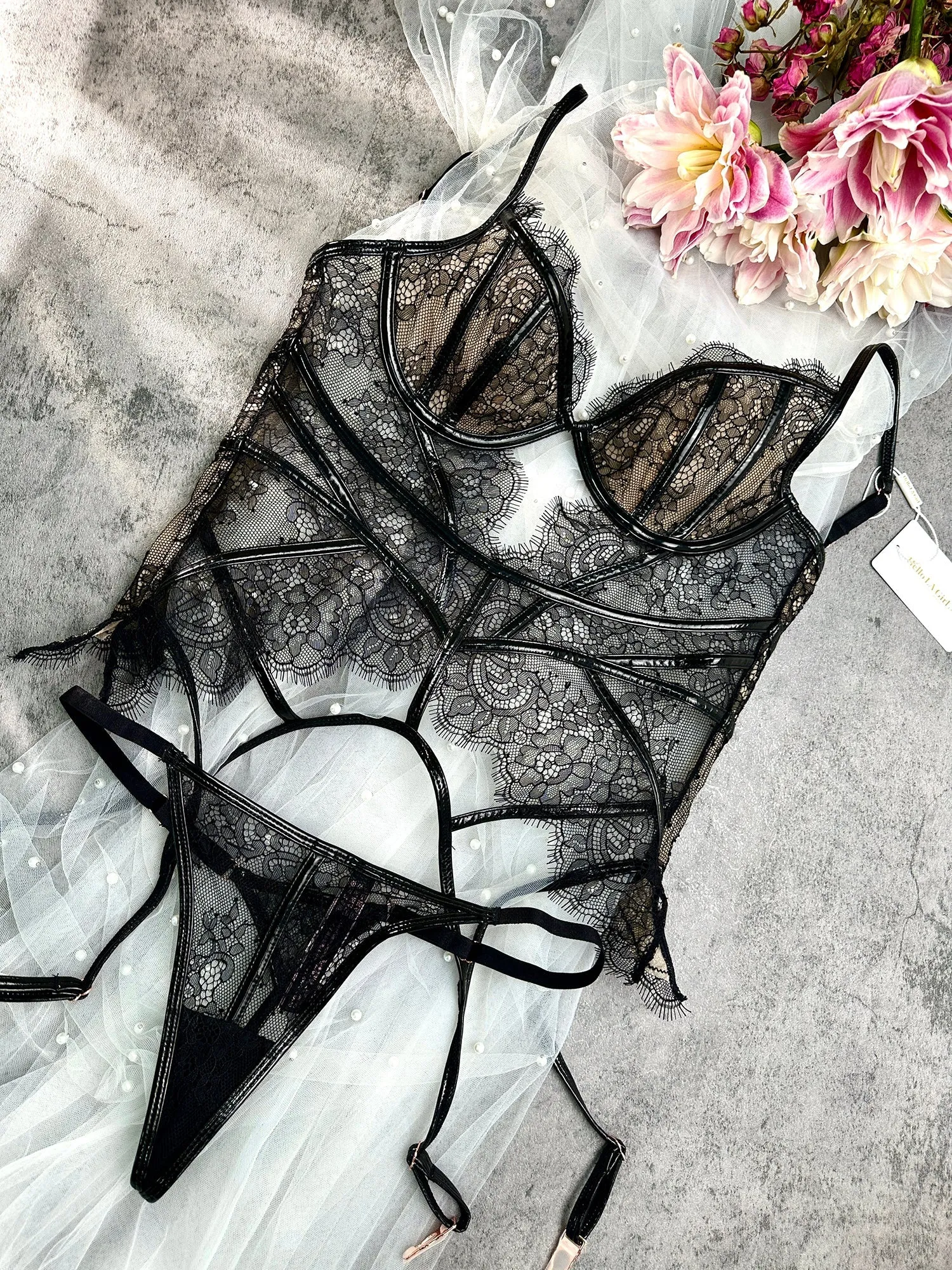 Amara Lace & Patent Leather Lingerie Set In Black
