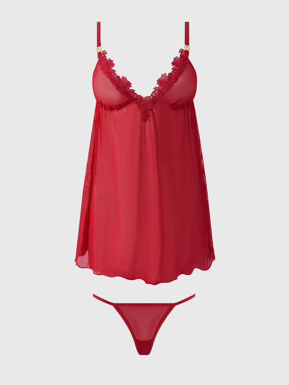 Ashley Alexiss Sheer Babydoll Set in Red