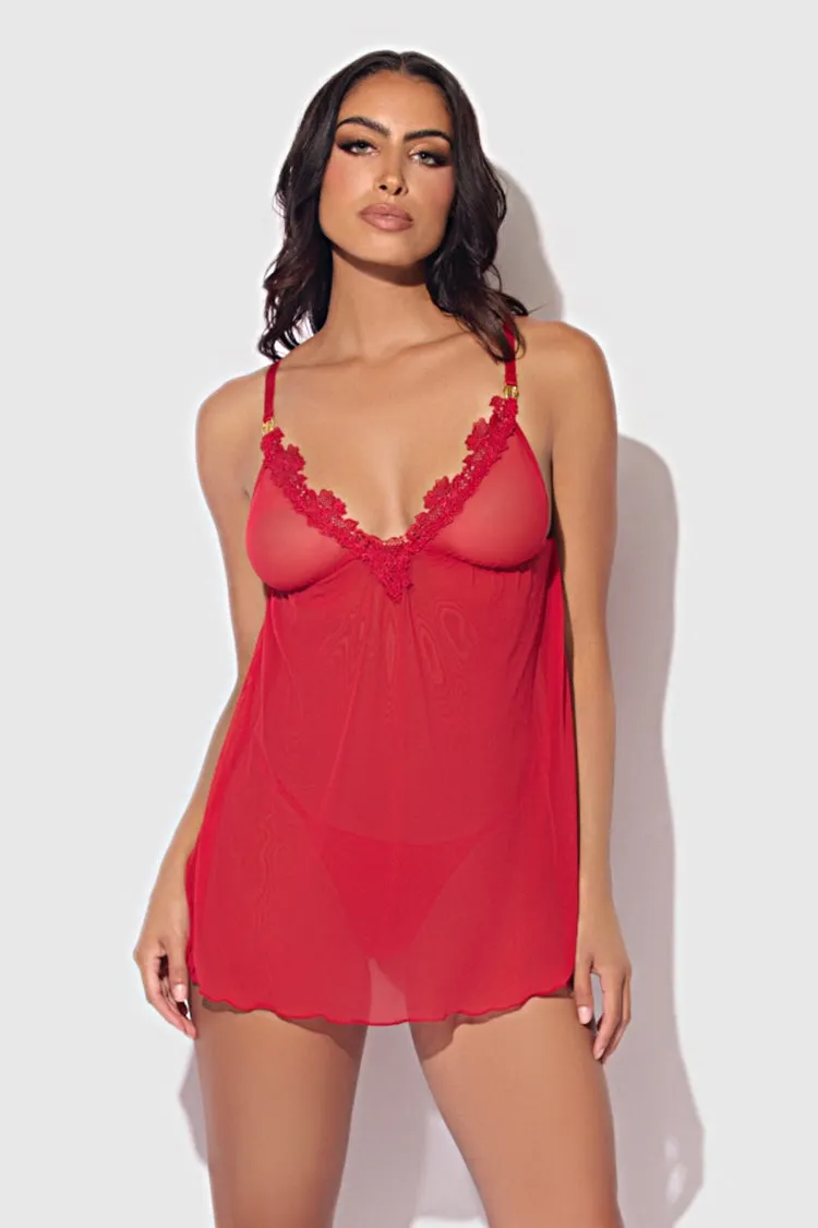 Ashley Alexiss Sheer Babydoll Set in Red