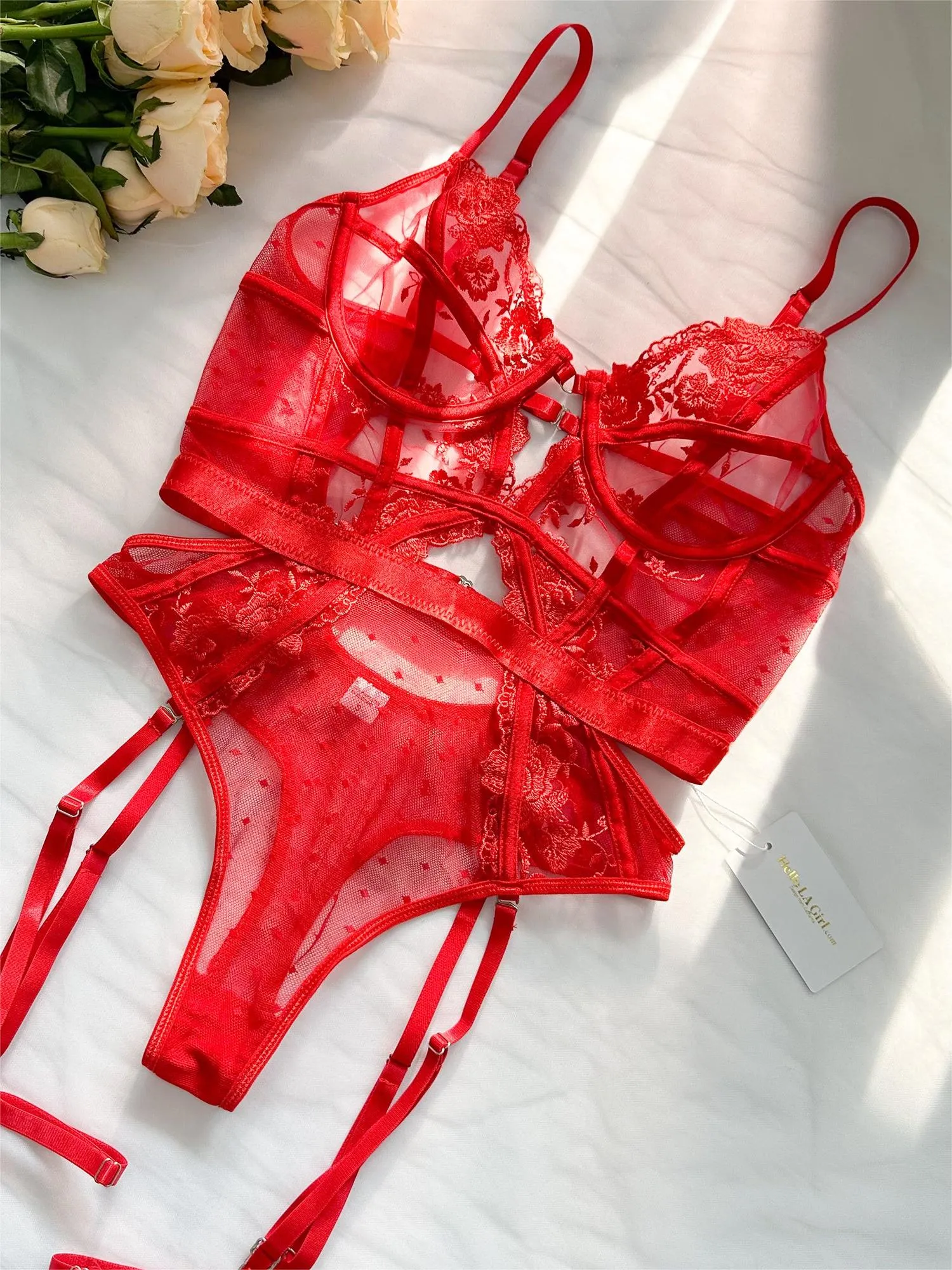 Claire Embroidered Lace Bodysuit In Red