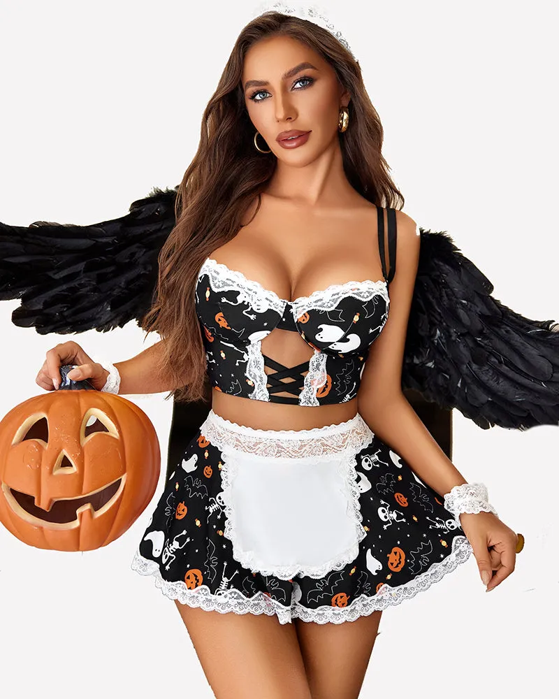 Contrast Lace Maid Costume Set (5 Pcs)