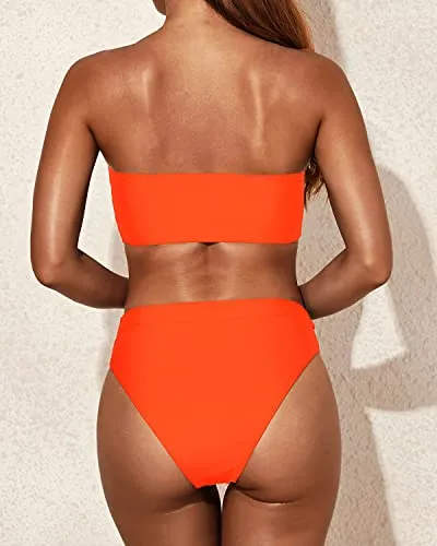 Curvy Showing Bandeau Bikini Women Two Piece Bandeau Swimsuit-Neon Orange