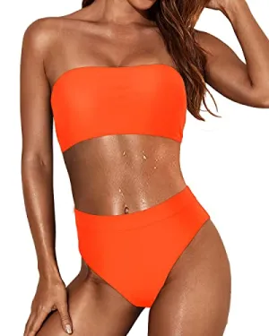 Curvy Showing Bandeau Bikini Women Two Piece Bandeau Swimsuit-Neon Orange