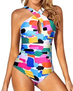 Cute Front Cross Keyhole Women One Piece Swimsuits-Aqua