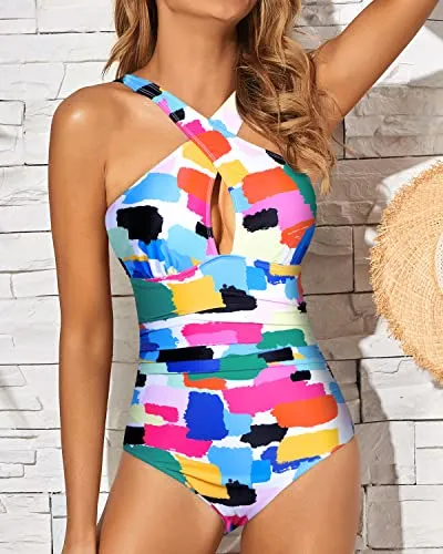 Cute Front Cross Keyhole Women One Piece Swimsuits-Aqua