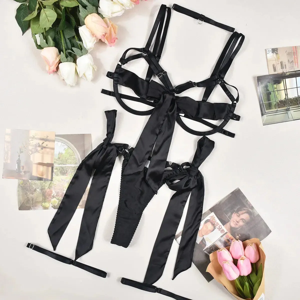 Delicate Bowknot Open Bra Lingerie Set