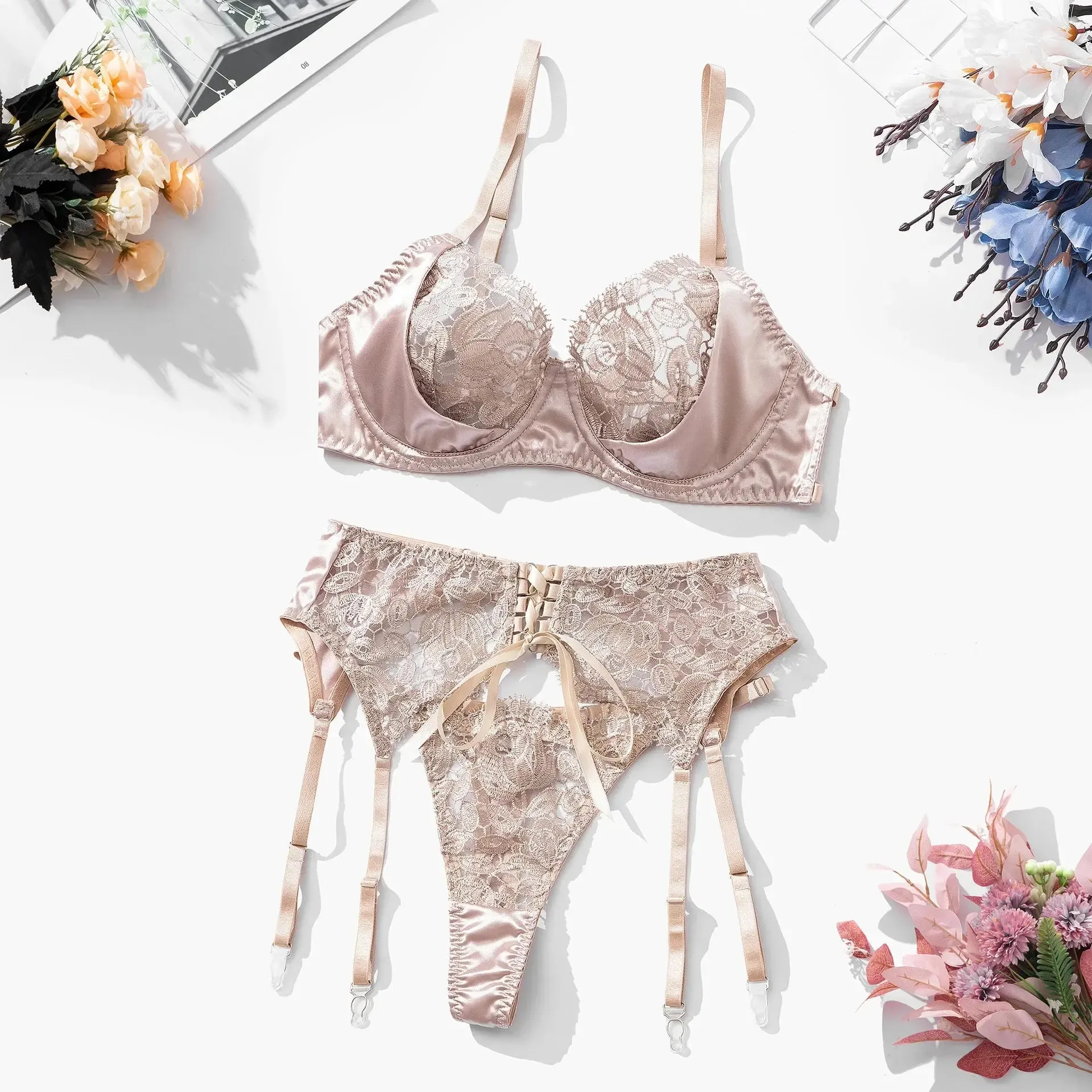 Delicate Embroidery Satin Intimate Set