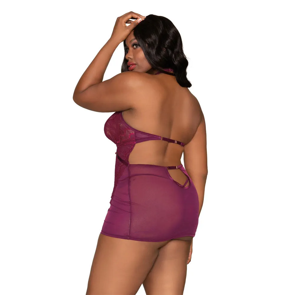 Dreamgirl Lingerie Contemporary Lace & Mesh Chemise Set with Halter Neckline Mulberry 12446X