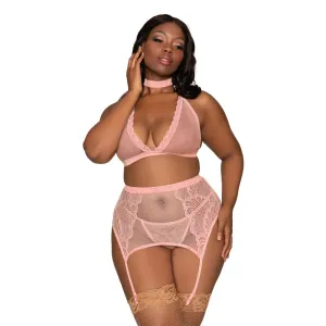 Dreamgirl Lingerie Fishnet & Lace Velvet Trims Halter Bralette & Garter Belt Pink 11776X