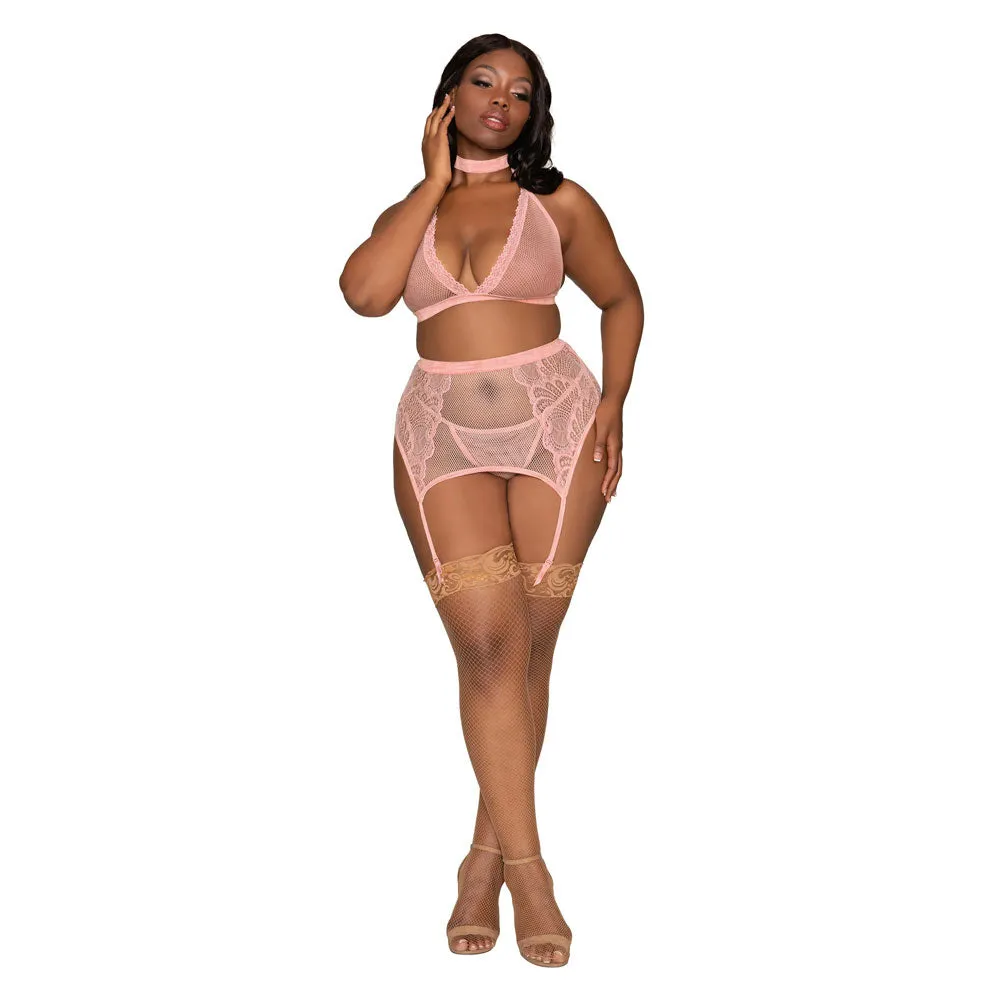Dreamgirl Lingerie Fishnet & Lace Velvet Trims Halter Bralette & Garter Belt Pink 11776X