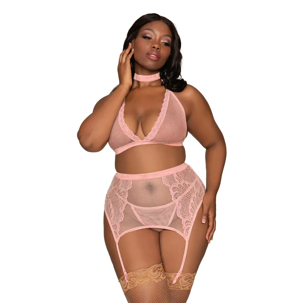 Dreamgirl Lingerie Fishnet & Lace Velvet Trims Halter Bralette & Garter Belt Pink 11776X