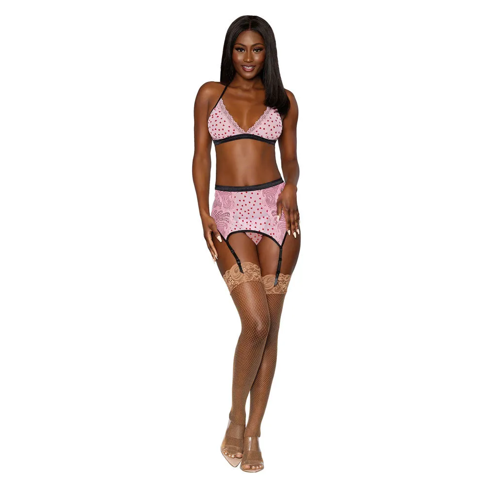 Dreamgirl Lingerie Flocked Heart Mesh and Lace 3 Piece Garter Set Pink 12678