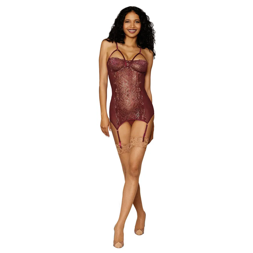 Dreamgirl Lingerie Gold Foiled Stretch Lace and Mesh Garter Slip Burgundy - 12668