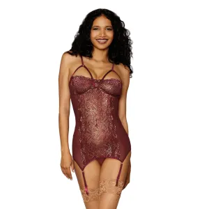Dreamgirl Lingerie Gold Foiled Stretch Lace and Mesh Garter Slip Burgundy - 12668
