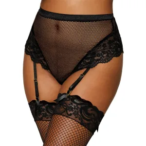 Dreamgirl Lingerie High waisted mesh and lace garter thong with satin ribbon back tie - Black - 1478