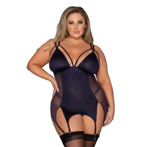 Dreamgirl Lingerie Microfiber & Mesh Garter Slip Double Garter Strap Eggplant 12489X