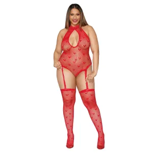 Dreamgirl Lingerie Seamless Heart Fishnet Teddy Bodystocking Red 0412X
