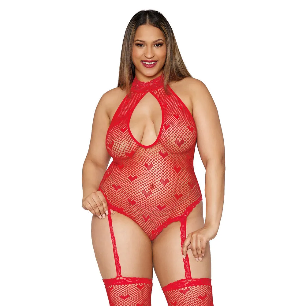 Dreamgirl Lingerie Seamless Heart Fishnet Teddy Bodystocking Red 0412X