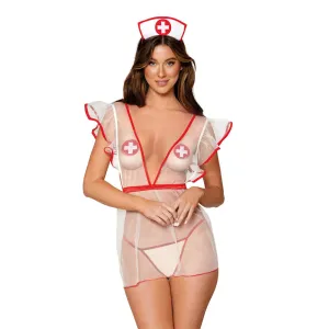 Dreamgirl Lingerie Sheer mesh nurse-themed apron with matching G-string, tie-on nurses' cap, and pasties - 12916