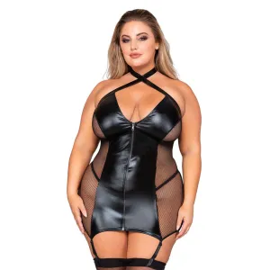Dreamgirl Lingerie Stretch Faux-Leather & Fishnet Garter Slip & G String Black 12447X