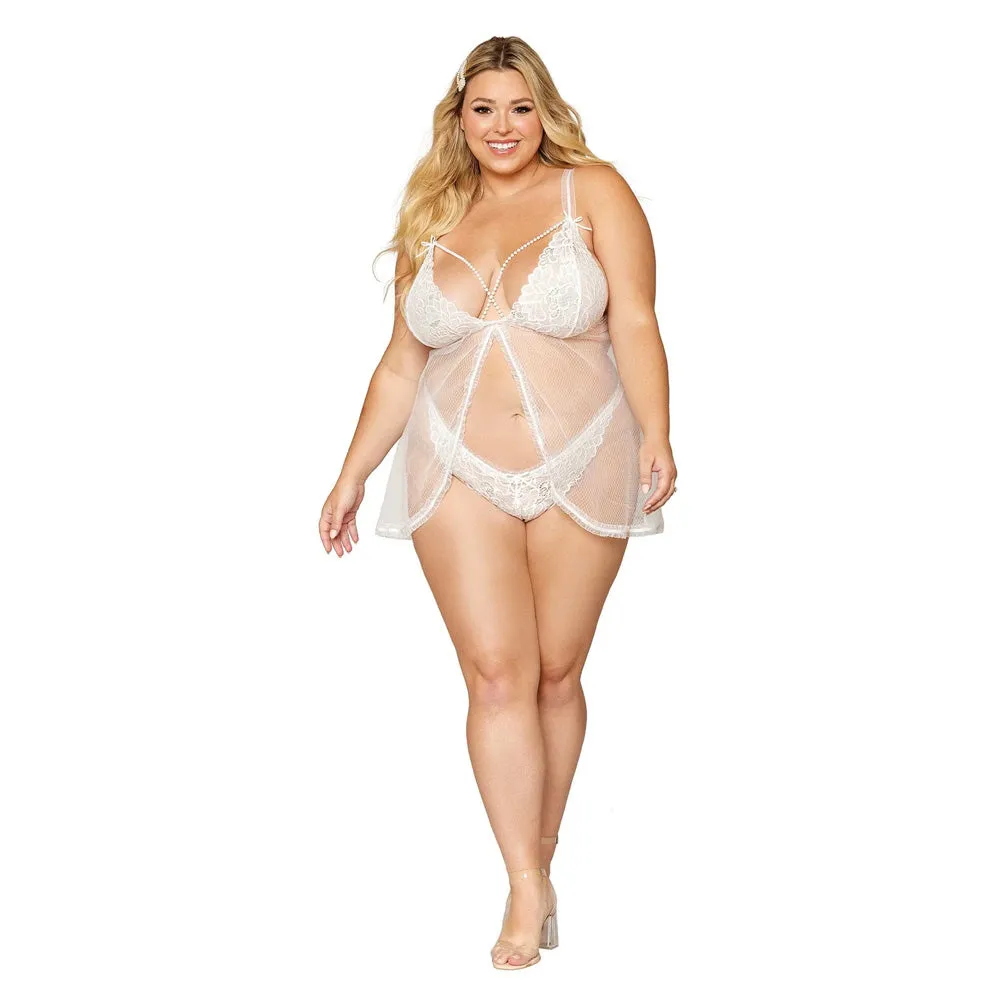 Dreamgirl Lingerie Stretch lace and diamond mesh babydoll and G-string set with ruffled elastic trims - 12834X