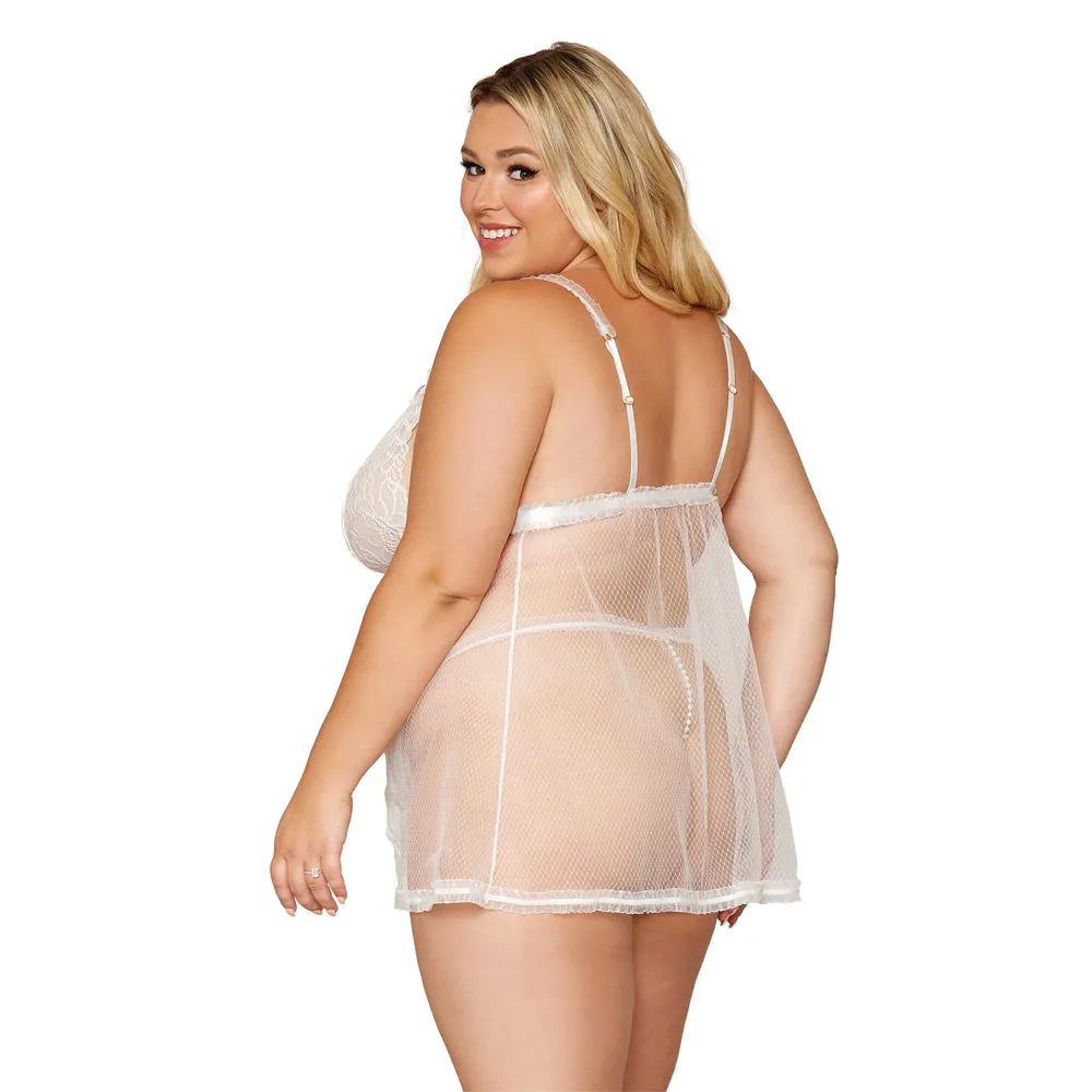 Dreamgirl Lingerie Stretch lace and diamond mesh babydoll and G-string set with ruffled elastic trims - 12834X