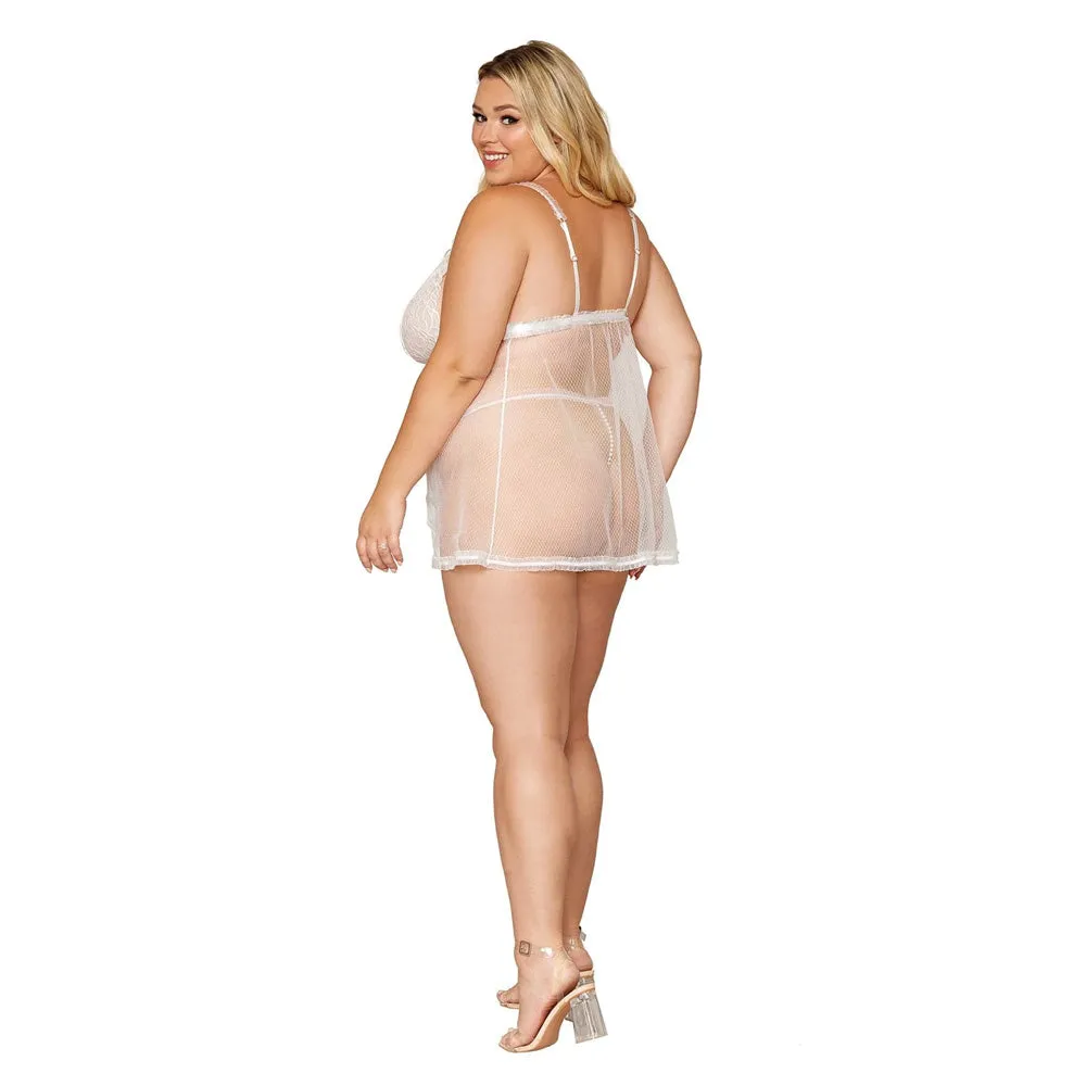 Dreamgirl Lingerie Stretch lace and diamond mesh babydoll and G-string set with ruffled elastic trims - 12834X