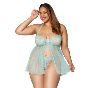 Dreamgirl Lingerie Stretch lace and mesh babydoll and matching G-string set with ruffled elastic trims Mint - 12813X