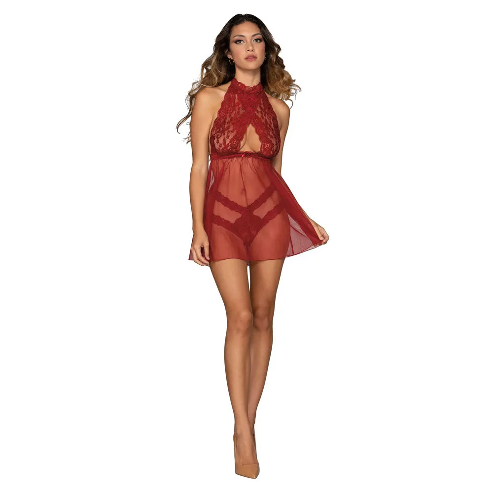 Dreamgirl Lingerie Stretch Lace and Mesh Babydoll Garnet 11503