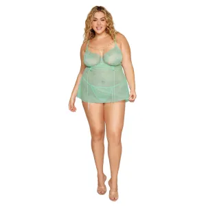 Dreamgirl Plus Size Dot Mesh Babydoll & G-String 13410X - Seafoam
