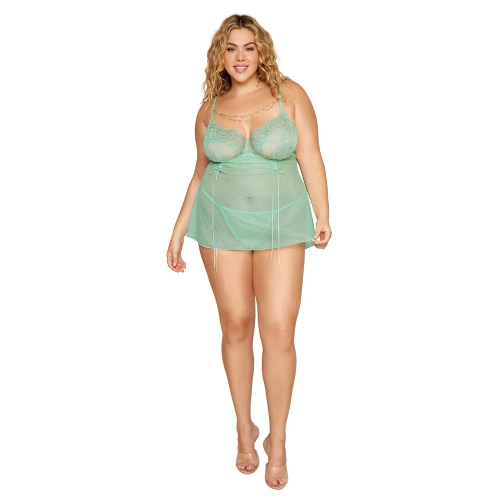 Dreamgirl Plus Size Dot Mesh Babydoll & G-String 13410X - Seafoam