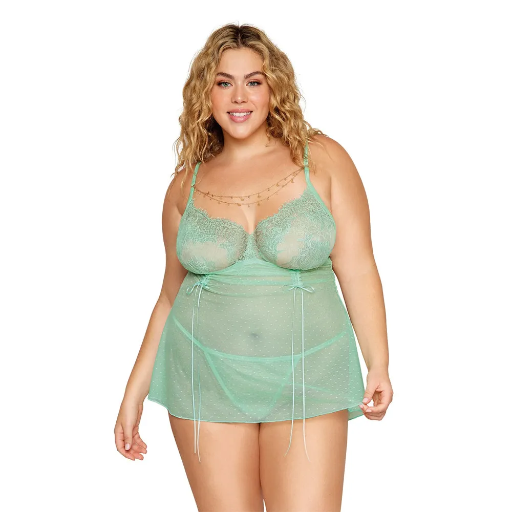 Dreamgirl Plus Size Dot Mesh Babydoll & G-String 13410X - Seafoam