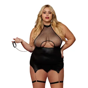 Dreamgirl Plus Size Fetish Faux-Leather Fishnet Garter Slip Set 13295X - Black