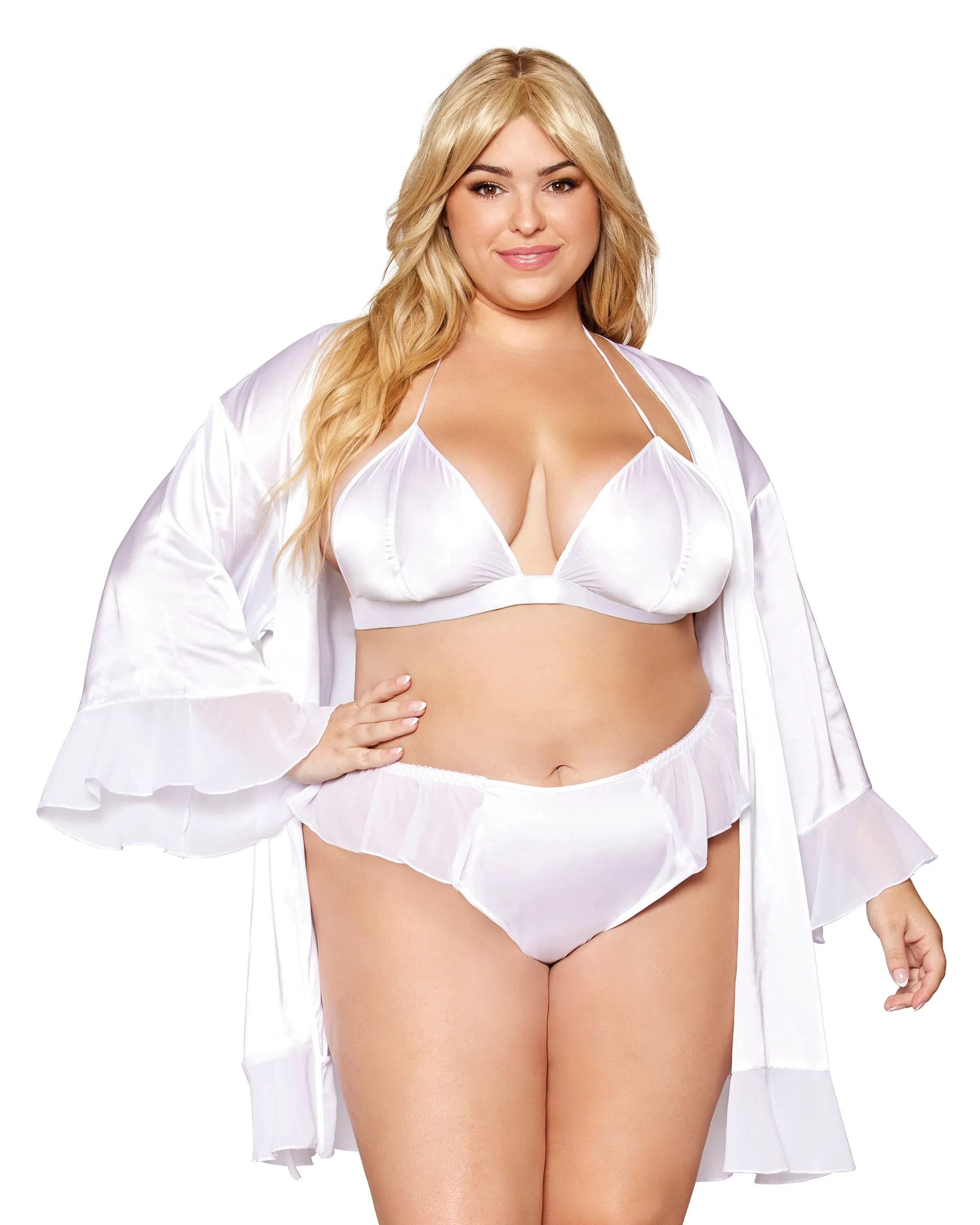 Dreamgirl Plus Size Matte Satin Robe, Bralette, and Thong Set