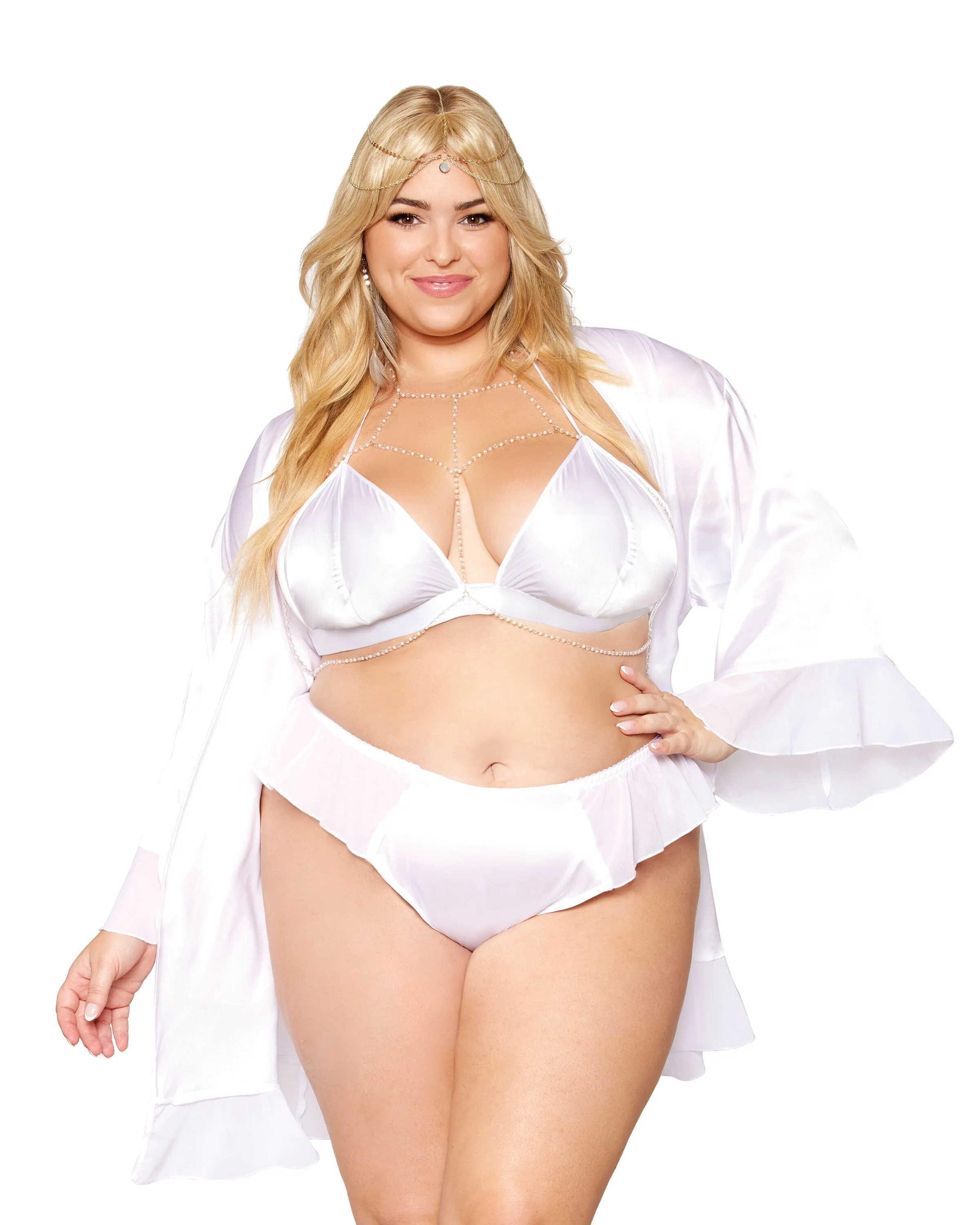 Dreamgirl Plus Size Matte Satin Robe, Bralette, and Thong Set