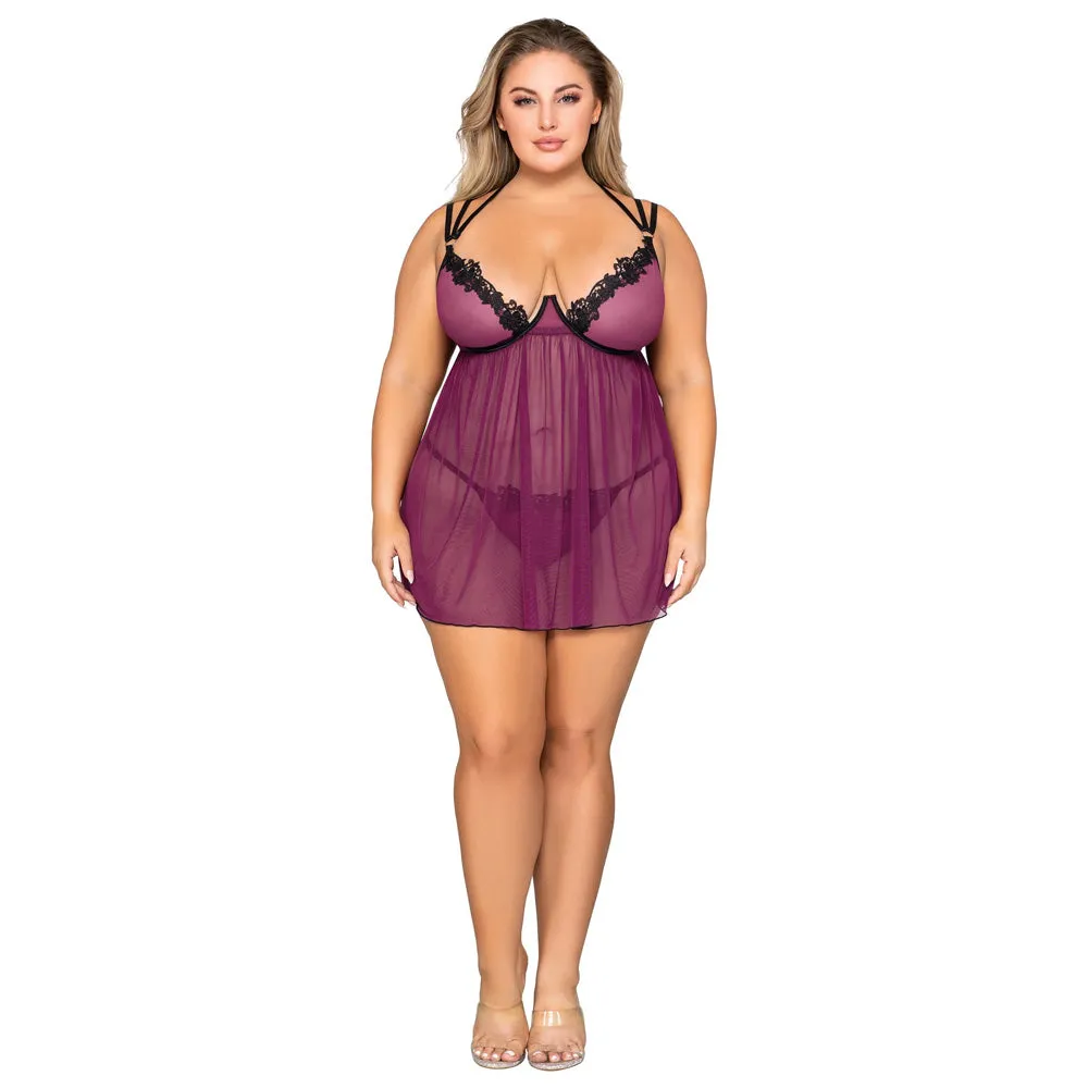 Dreamgirl Plus Size Mesh Babydoll & G-String Set with Venise Lace Trim Mulberry - 12264X