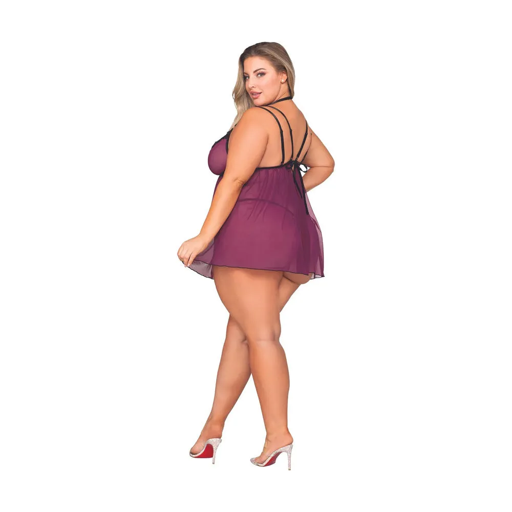 Dreamgirl Plus Size Mesh Babydoll & G-String Set with Venise Lace Trim Mulberry - 12264X