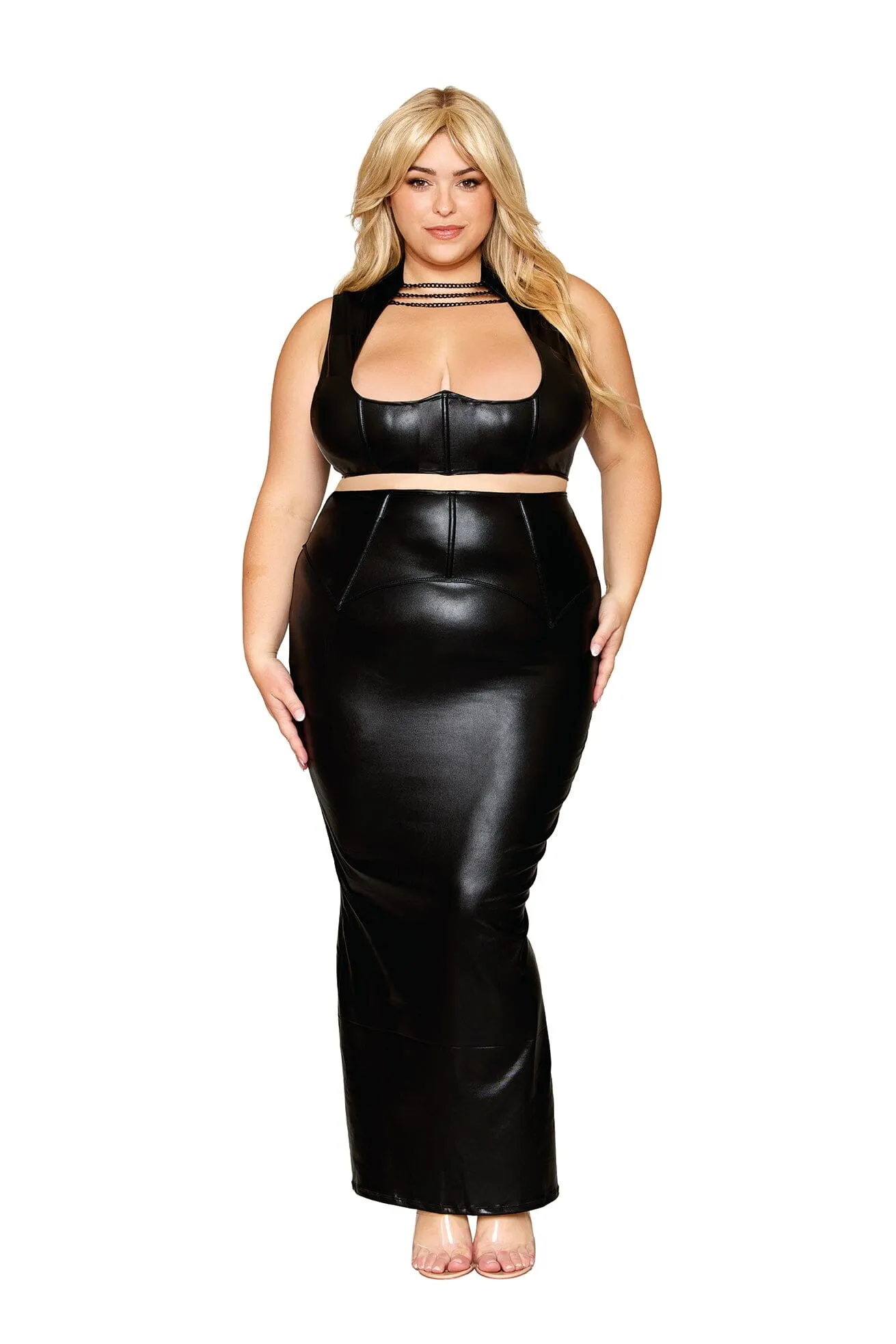Dreamgirl Plus Size Stretch Faux-Leather and Eyelash Lace Bra and Garter Panty Set