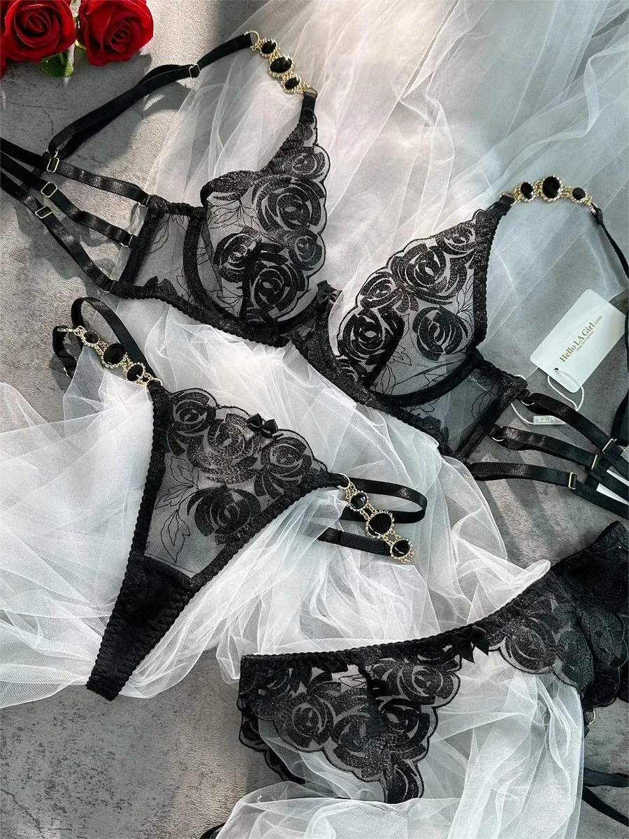 Emmeline Jewel Lingerie Set In Black