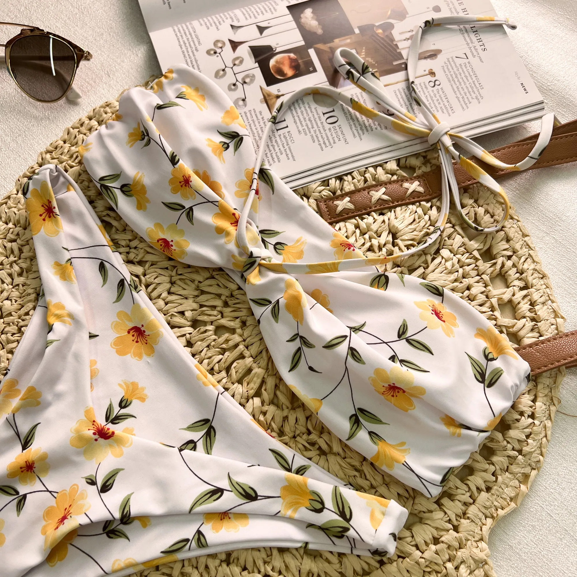 Floral Halter White Bikini Set