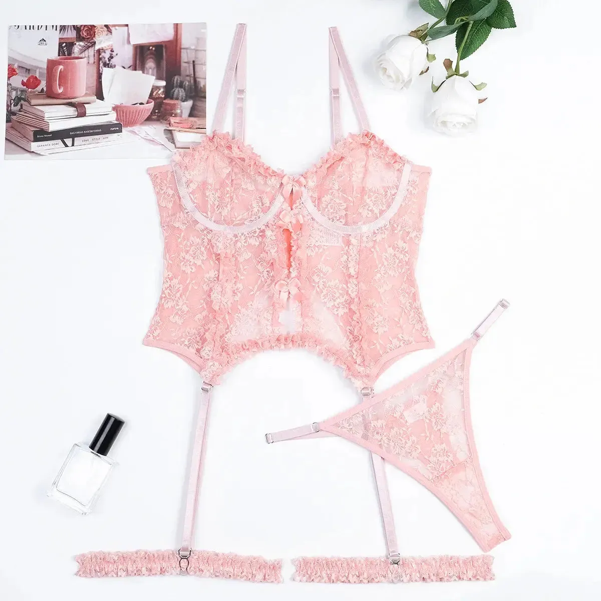 Floral Lingerie Corset Top Lace Set