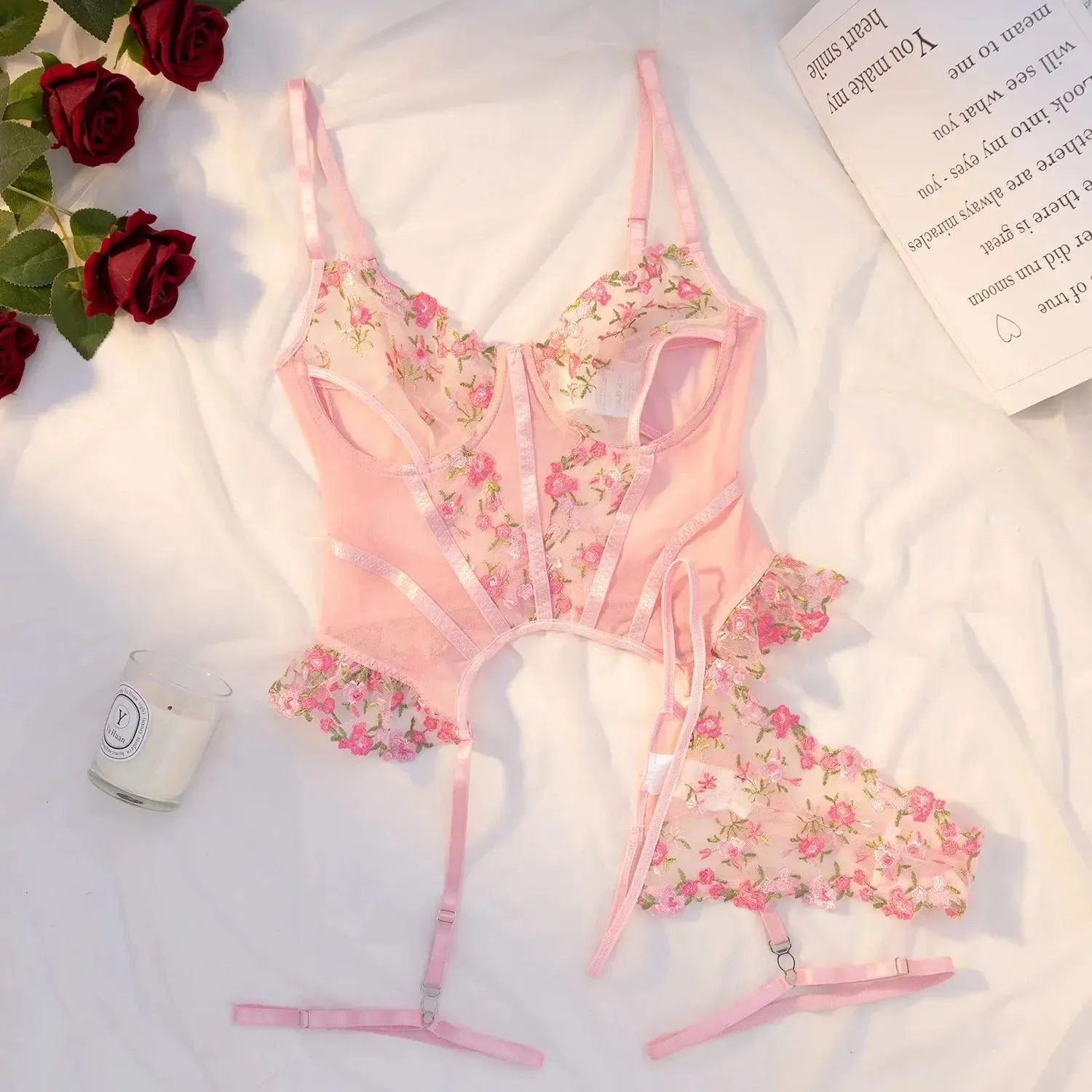 Floral Lingerie Cut Out Bustier Push Up Lace Set
